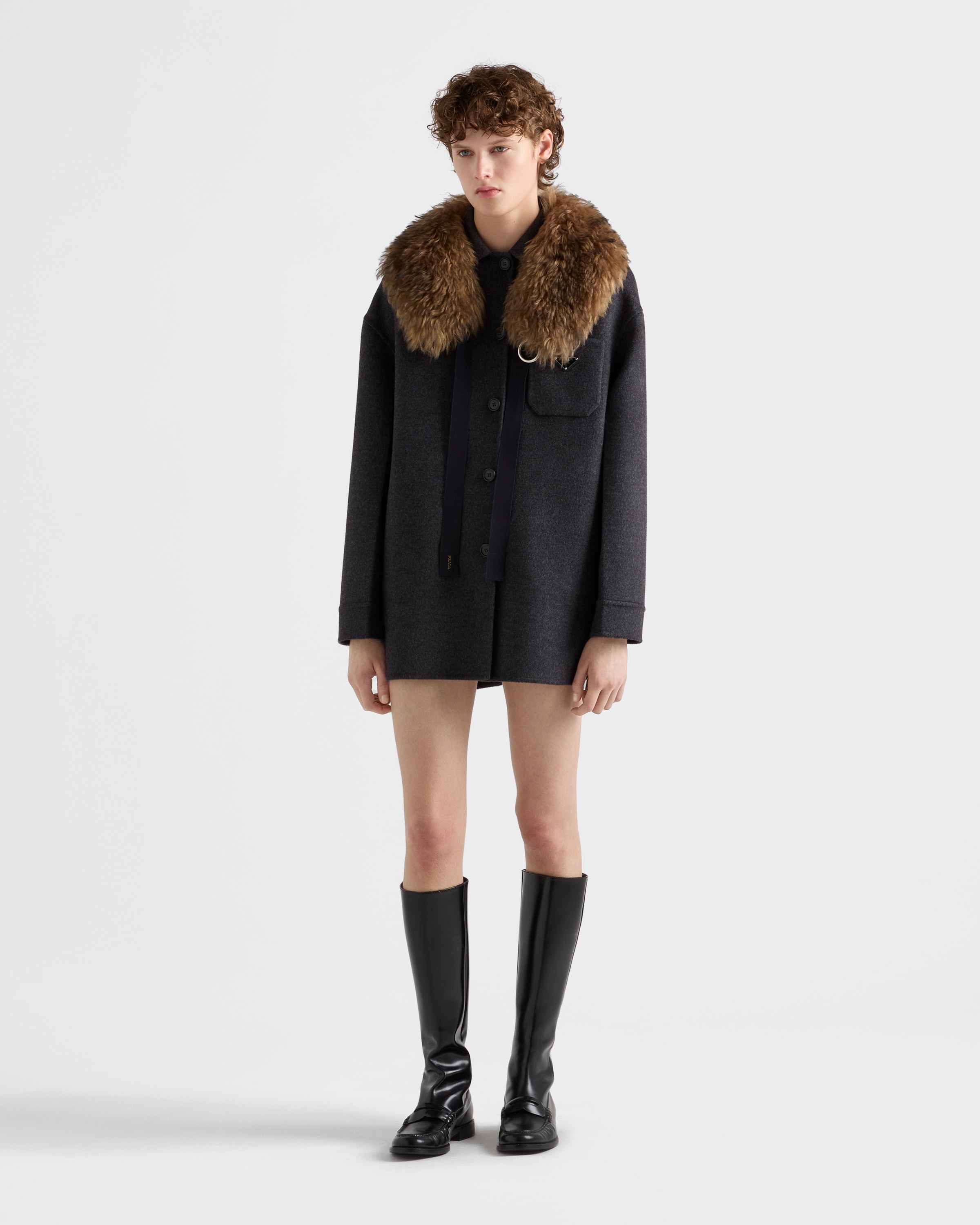 Однобортный каванский пиджак из двойного кашвула Prada, серый — фото 2