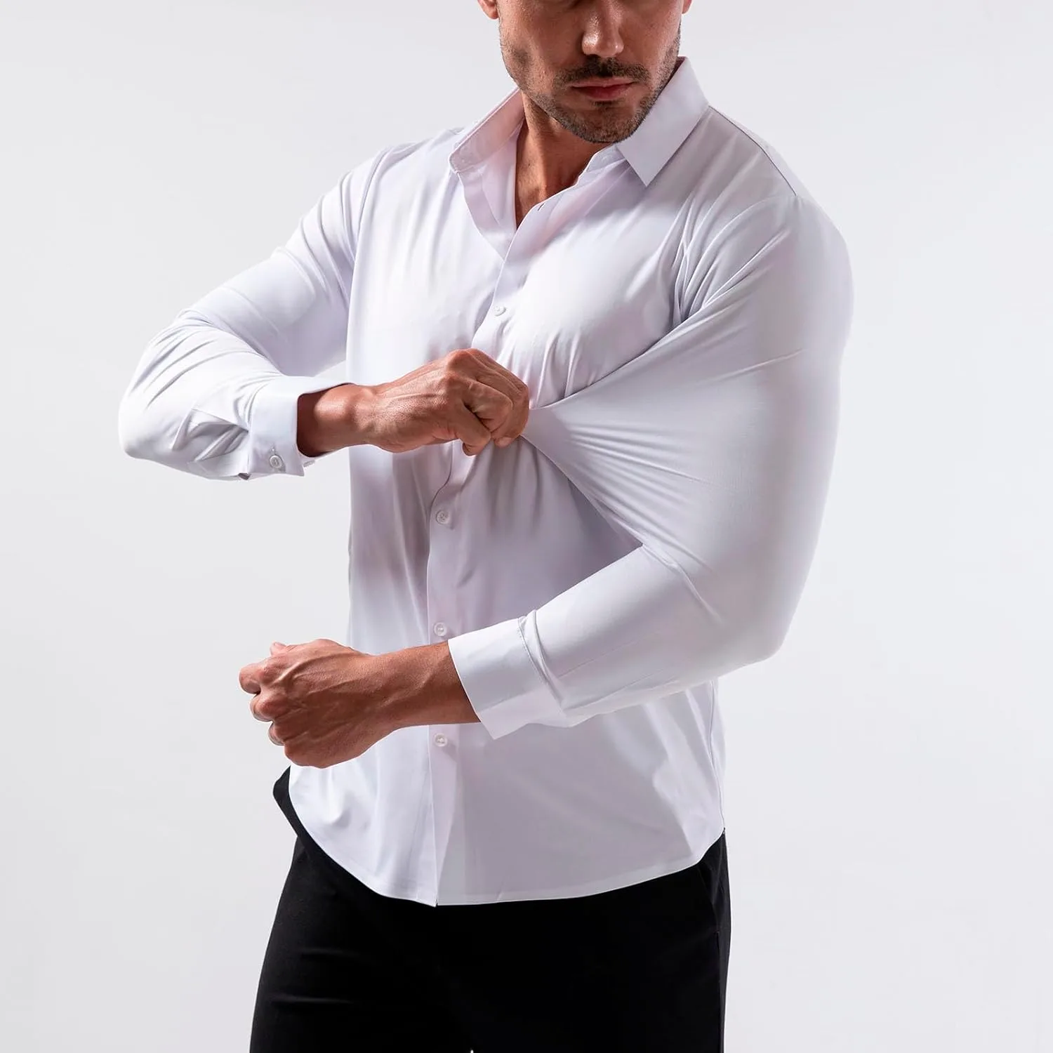 Мужская рубашка Muscle Fit с длинным рукавом, эластичная, не мнущаяся, Slim Fit, на пуговицах, для бизнес-кэжуал и работы Generic, белый — фото 2