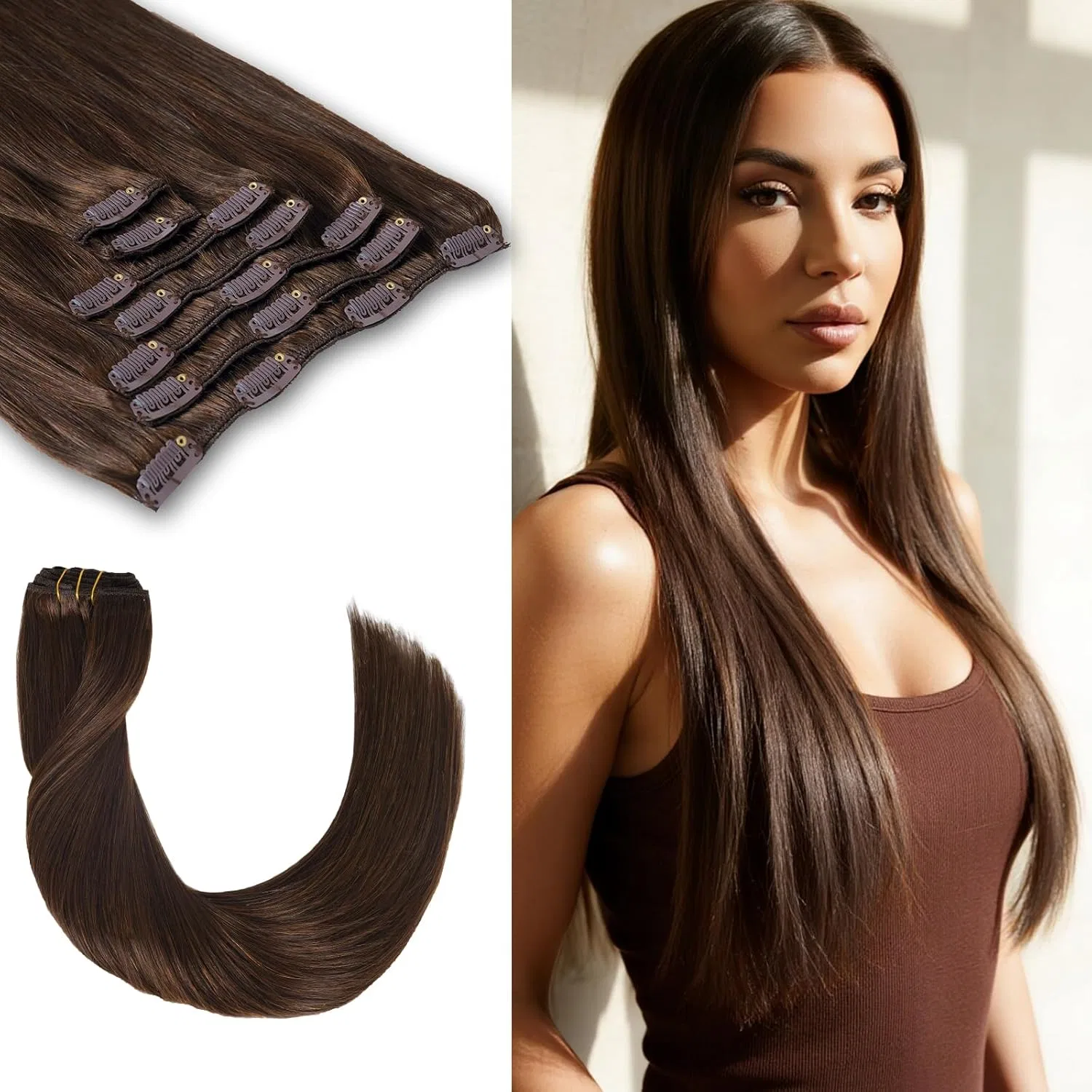 Наращивание волос на заколках из натуральных волос Remy, 40 см, 80 г Luxetress, #4 Chocolate Brown