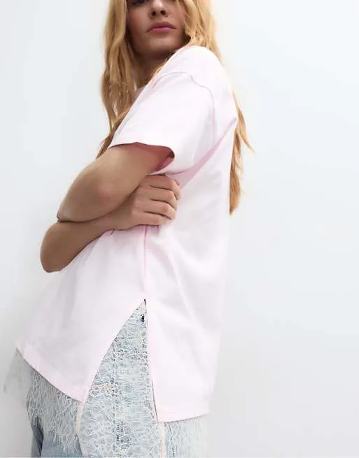 

Пастельно-розовая футболка с короткими рукавами и кружевным краем Stradivarius, Розовый, Пастельно-розовая футболка с короткими рукавами и кружевным краем Stradivarius