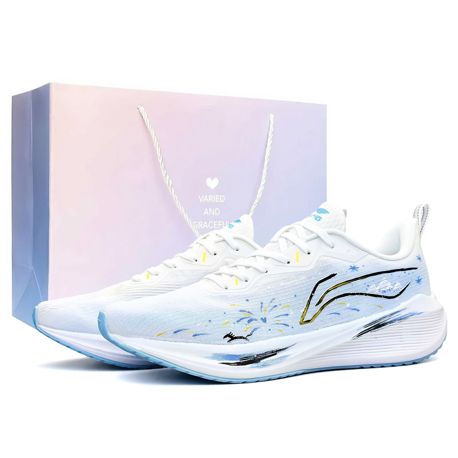 

Li-Ning Wuyue амортизирующие дышащие противоскользящие низкие кроссовки, синий белый (розовый фиолетовый special shopping bag)