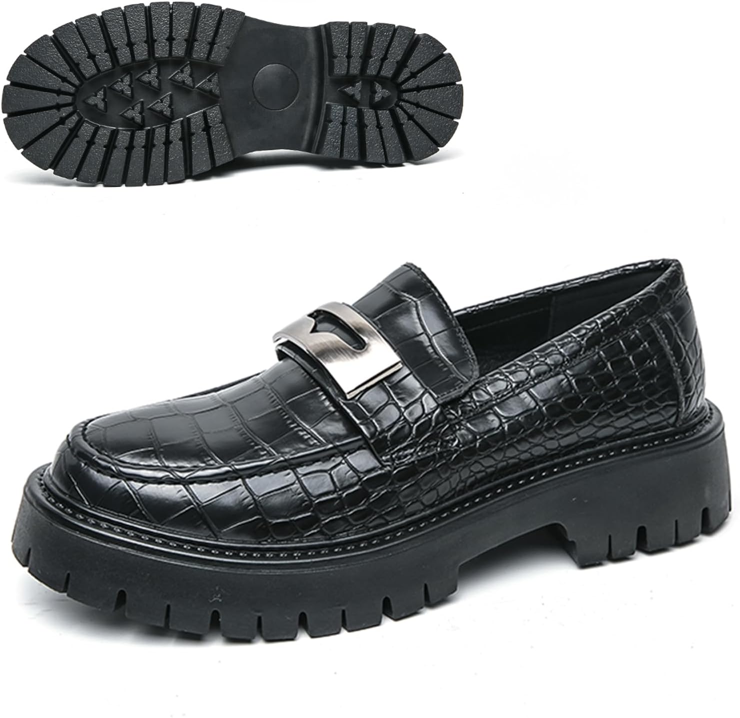 

Мужские кожаные лоферы с принтом на платформе, классические слипоны с рифленой подошвой, деловая обувь для офиса, повседневные дышащие нескользящие туфли Nekgnl, черный