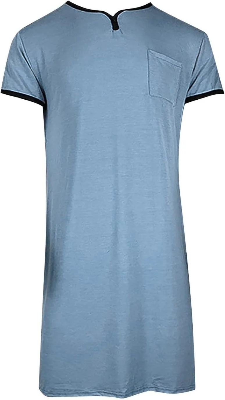 Мужская ночная рубашка Henley с V-образным вырезом, коротким рукавом и карманами — фото 3