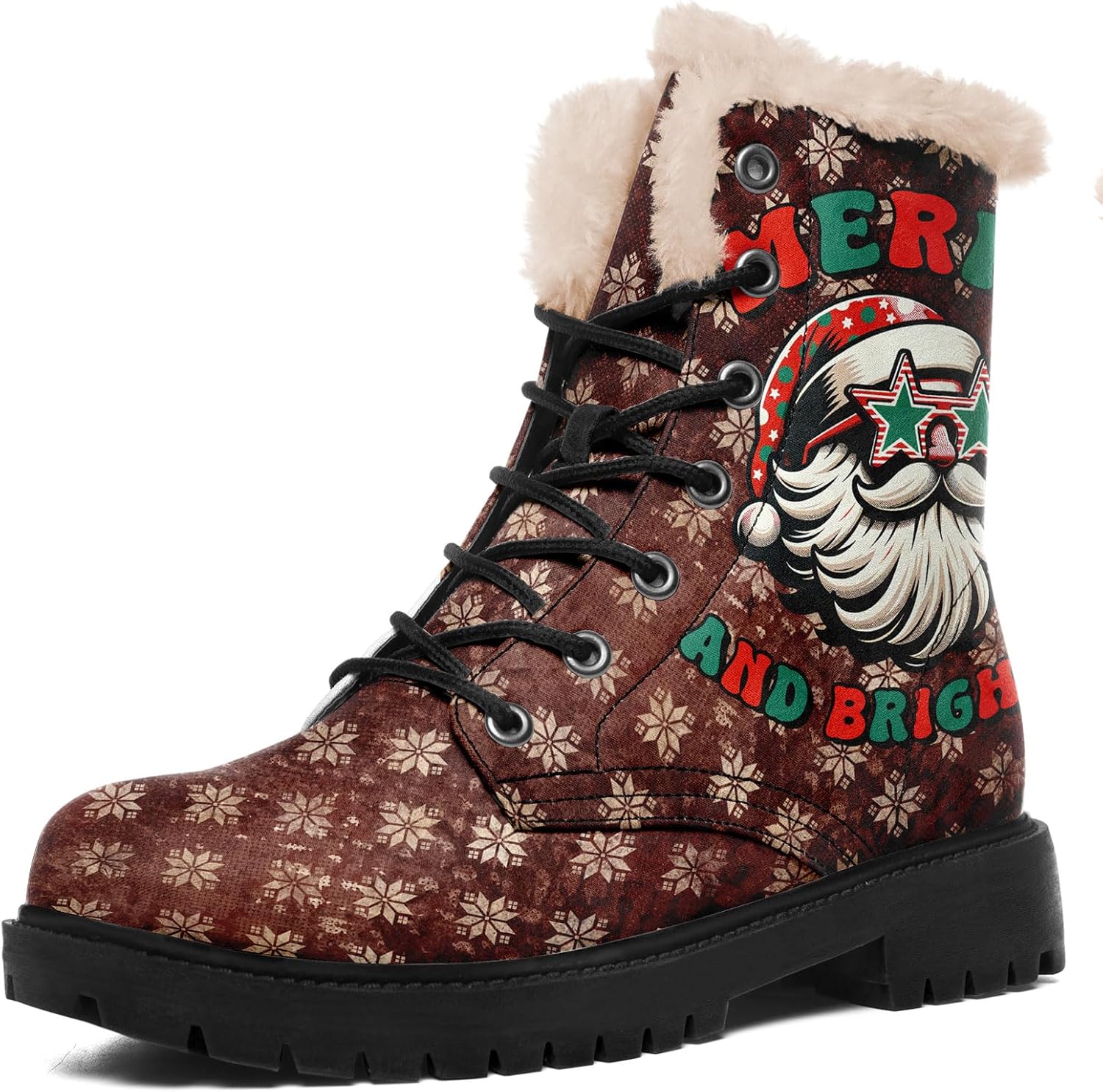 

Рождественские сапоги AWSOLE с елкой и Санта-Клаусом для женщин и мужчин, стильные праздничные ботинки на шнуровке с меховой подкладкой, зимняя обувь, подарок на Рождество, черный