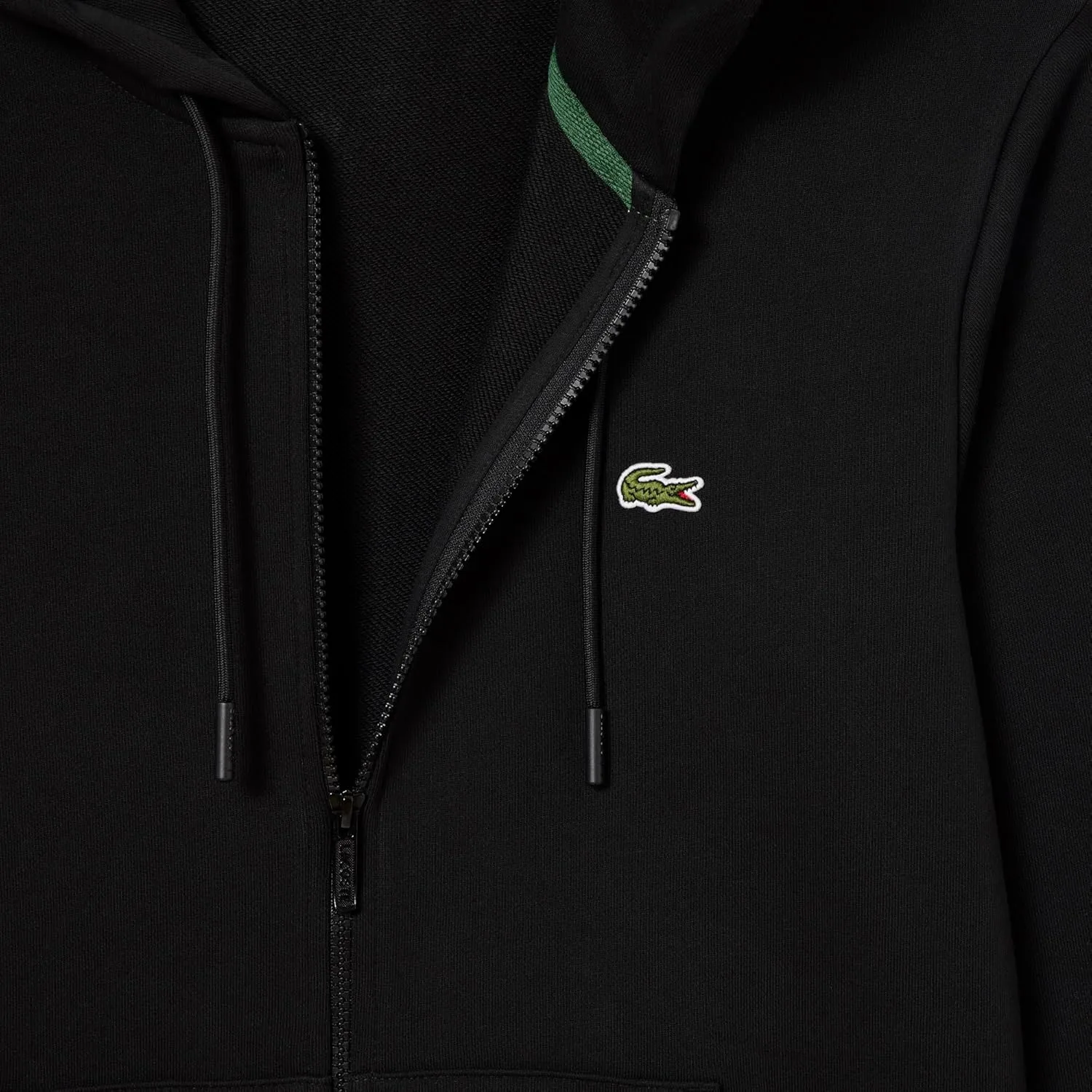 Толстовка с капюшоном Lacoste Классическая флисовая на молнии, однотонная, черный — фото 2