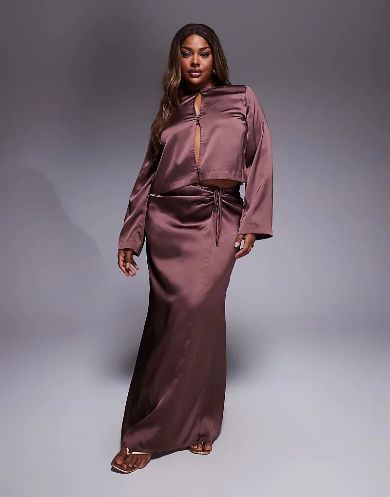 

Длинная юбка из атласа ASOS DESIGN Curve шоколадного цвета с отделкой рюшами