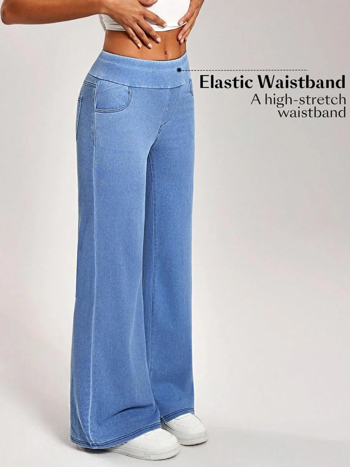 Женские джинсы Stretch Pull On Wide Leg — высокие, прямые и свободные с карманами — фото 4