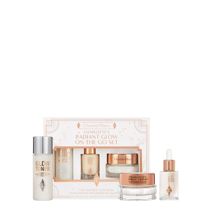 

Набор Radiant Glow On The Go — включает в себя осветляющий крем Magic Hyaluronic Acid Illuminating Cream 15 мл, увлажняющую сыворотку Magic Moisturizing Plumping Serum 8 мл и очищающий тоник Glow Exfoliating Cleansing Toner Charlotte Tilbury