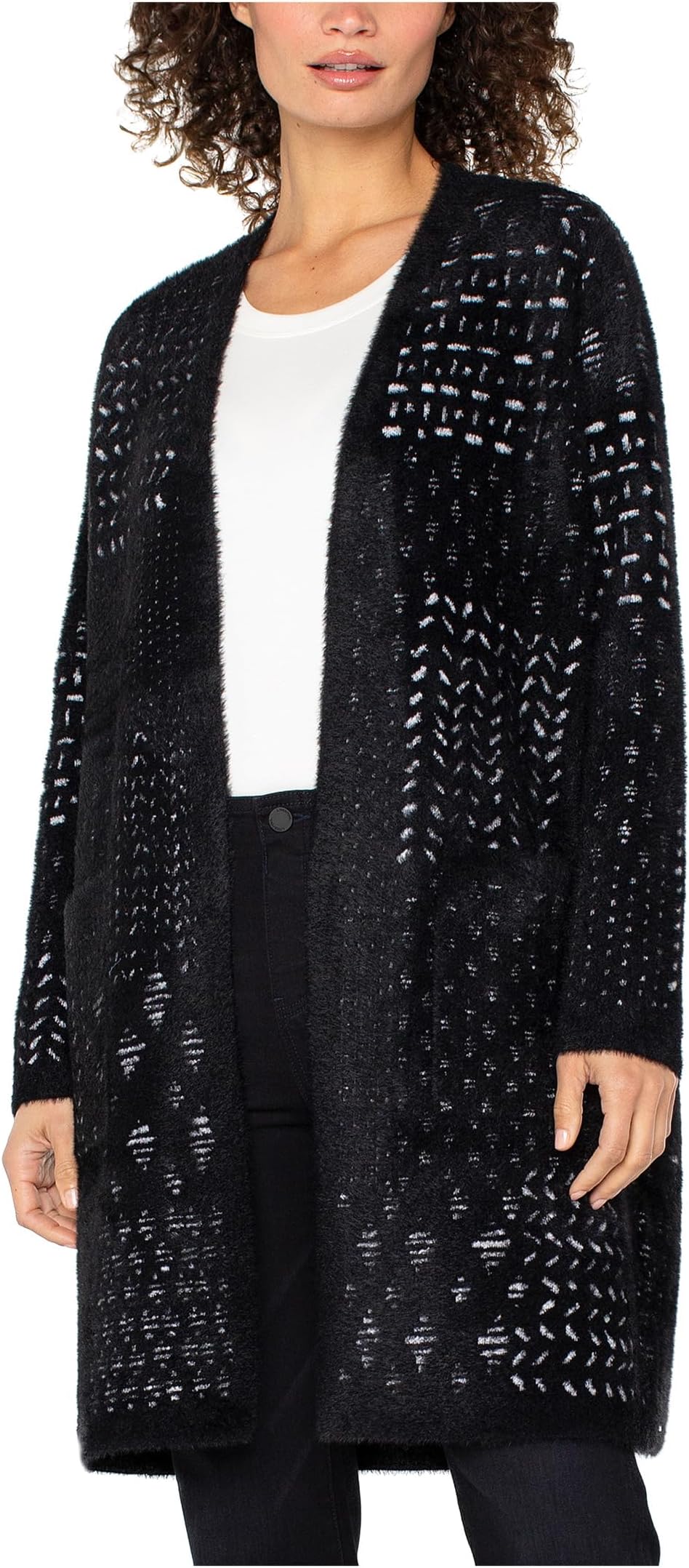 

Женское миниатюрное пальто-свитер без воротника с длинными рукавами и открытым передом Liverpool Los Angeles, Black White Patchwork