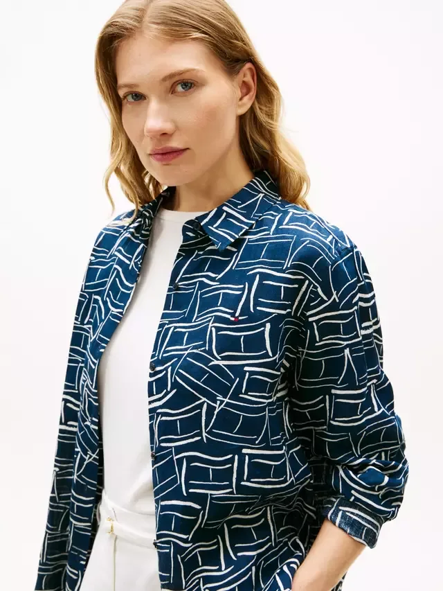 Льняная рубашка свободного кроя с абстрактным рисунком, сине-белая Tommy Hilfiger — фото 4