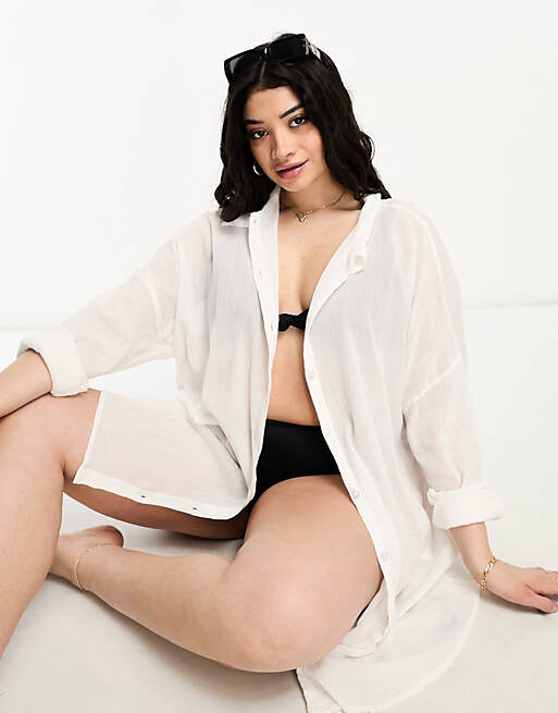 

Белая жатая пляжная рубашка ASOS DESIGN Curve