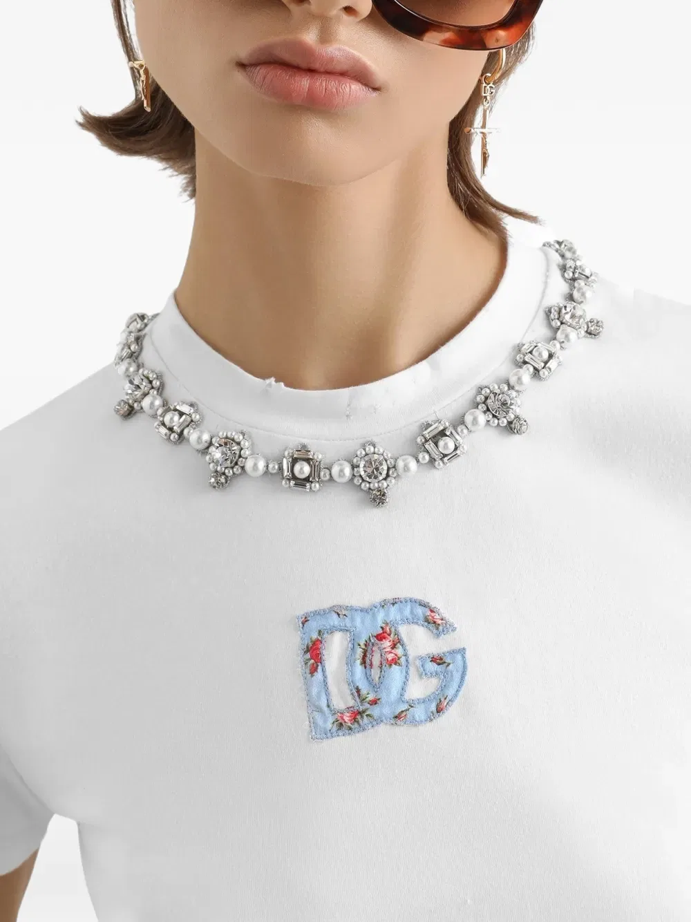Футболка с круглым вырезом и цветочным декором Dolce & Gabbana, белый — фото 4