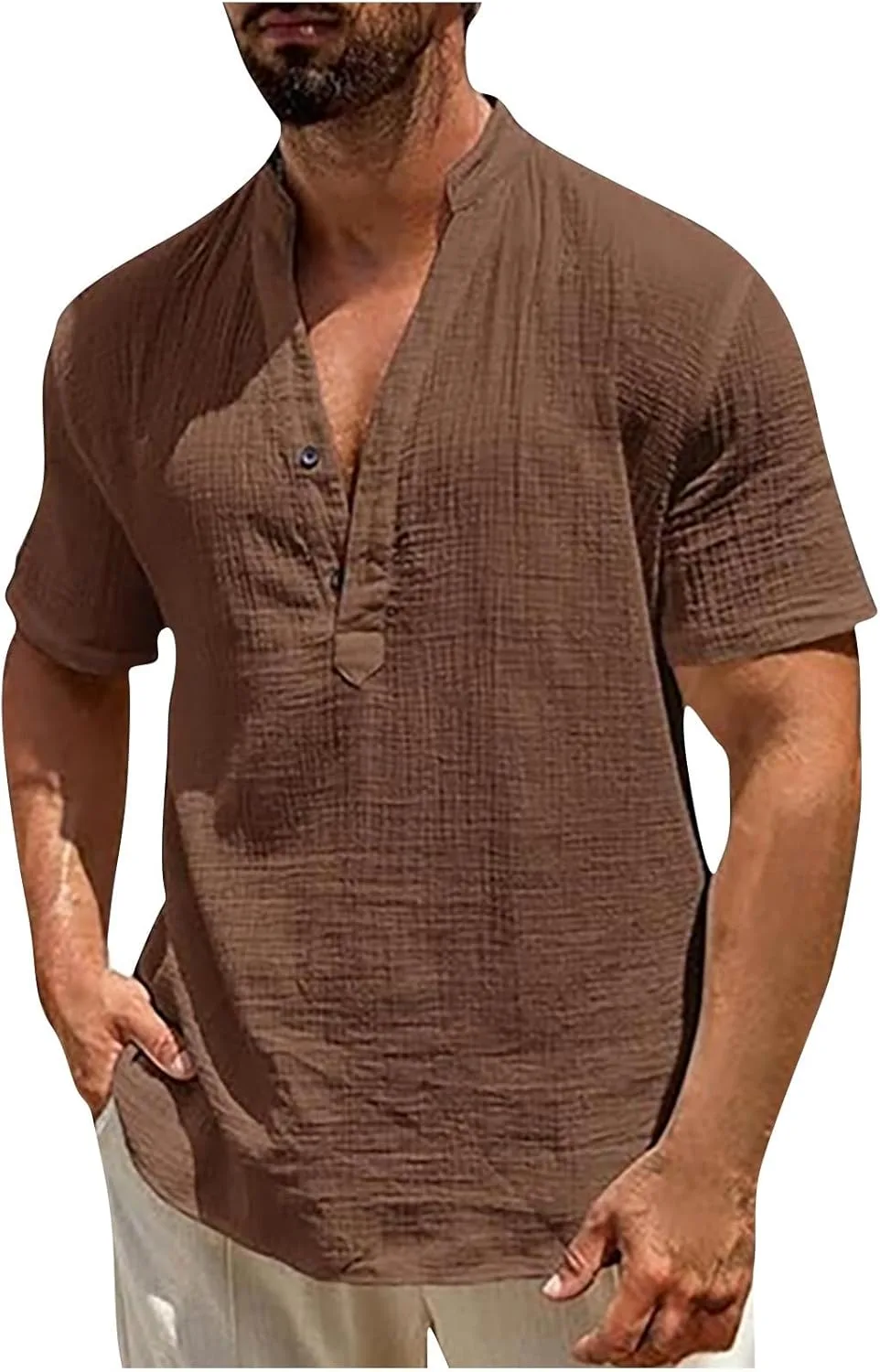 

Мужская льняная рубашка хенли с коротким рукавом