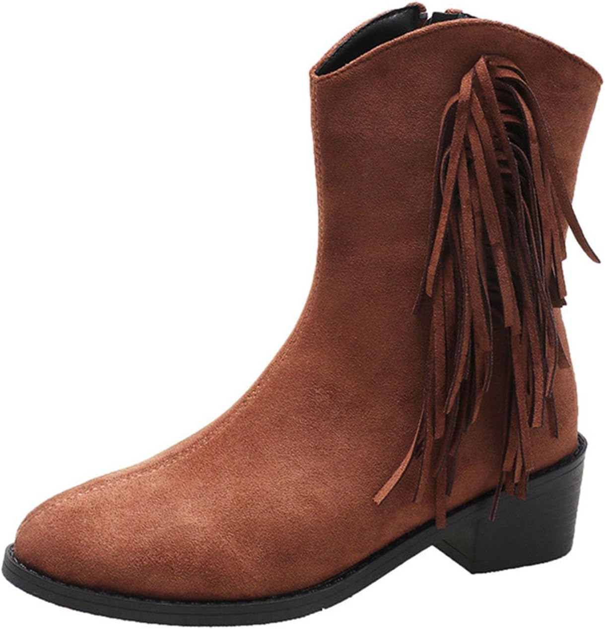 

Женские замшевые ботильоны с бахромой, боковой замок, заостренный носок, плоская подошва, западные ковбойские ботинки с низким массивным каблуком, средняя голень Baxtayel, коричневый