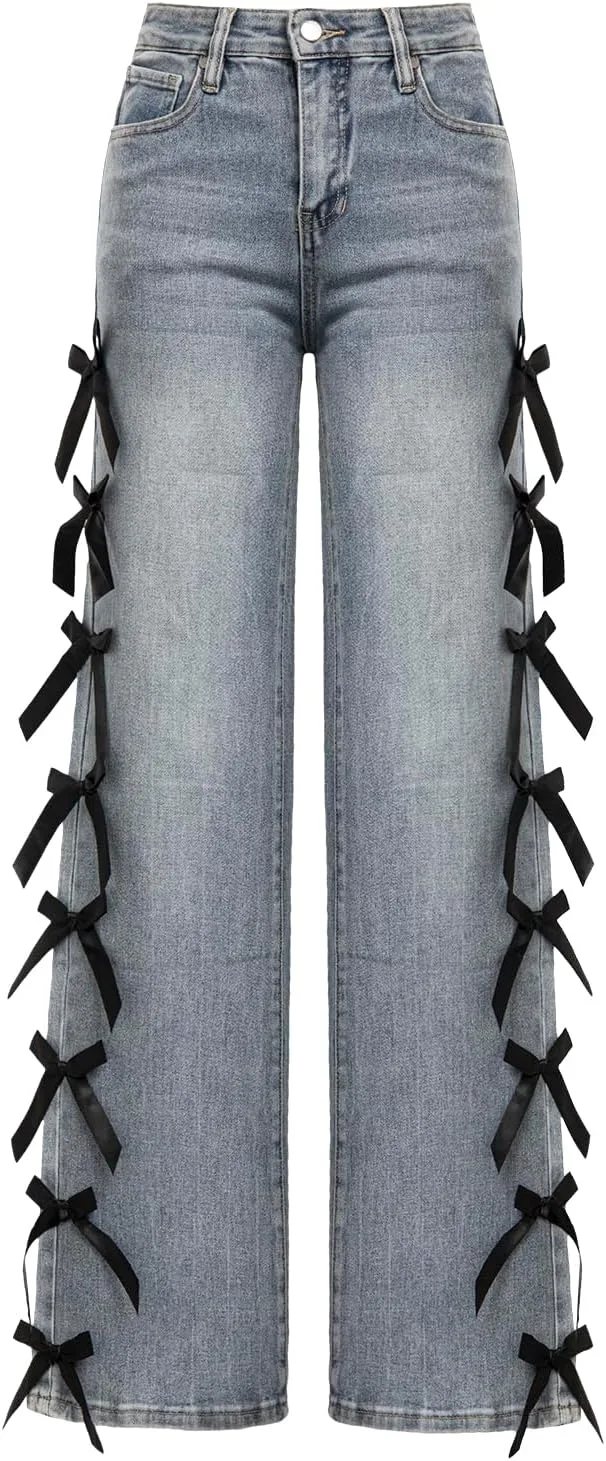 

Женские джинсы с бантом на поясе, широкие прямые