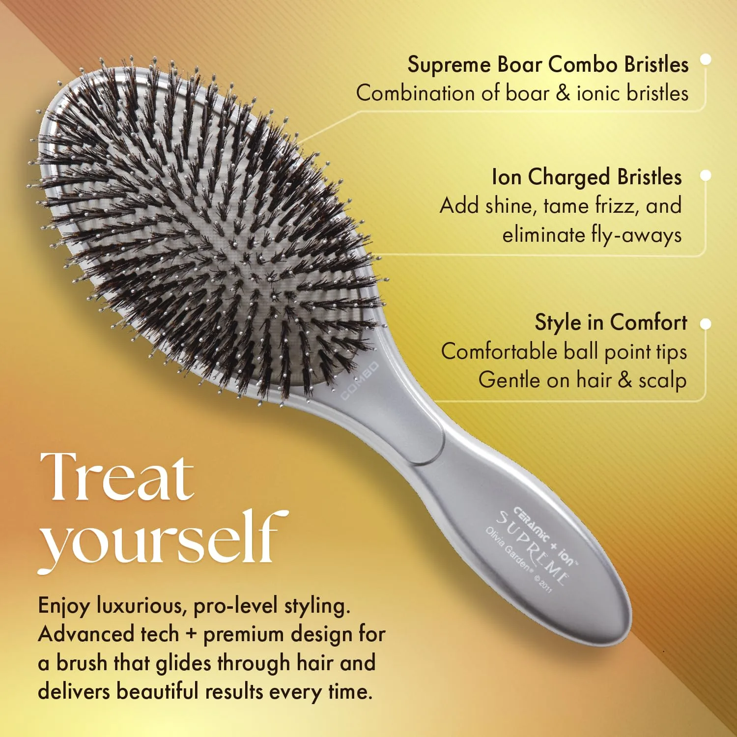 Расческа-щетка Olivia Garden Ceramic + Ion Supreme Styler Cushion Paddle Brush - на основе кабаньей щетины и ионов для блеска, контроля пушистости и разглаживания волос. 1 шт. (2 шт.), Silver — фото 3