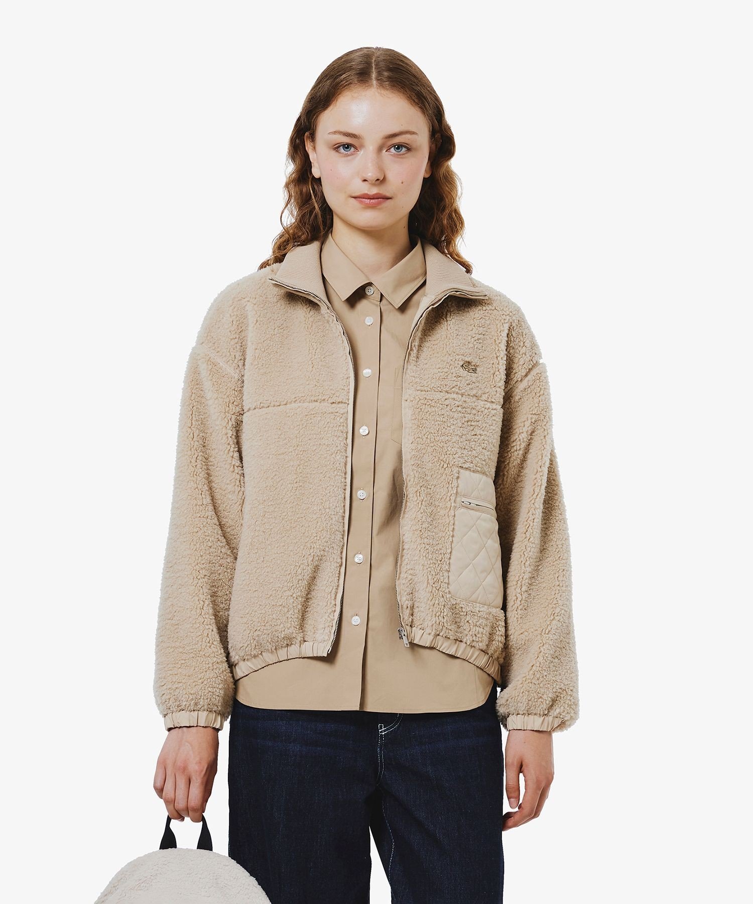 Куртка-бомбер LACOSTE, Beige, с воротником-стойкой и ребристой вязкой