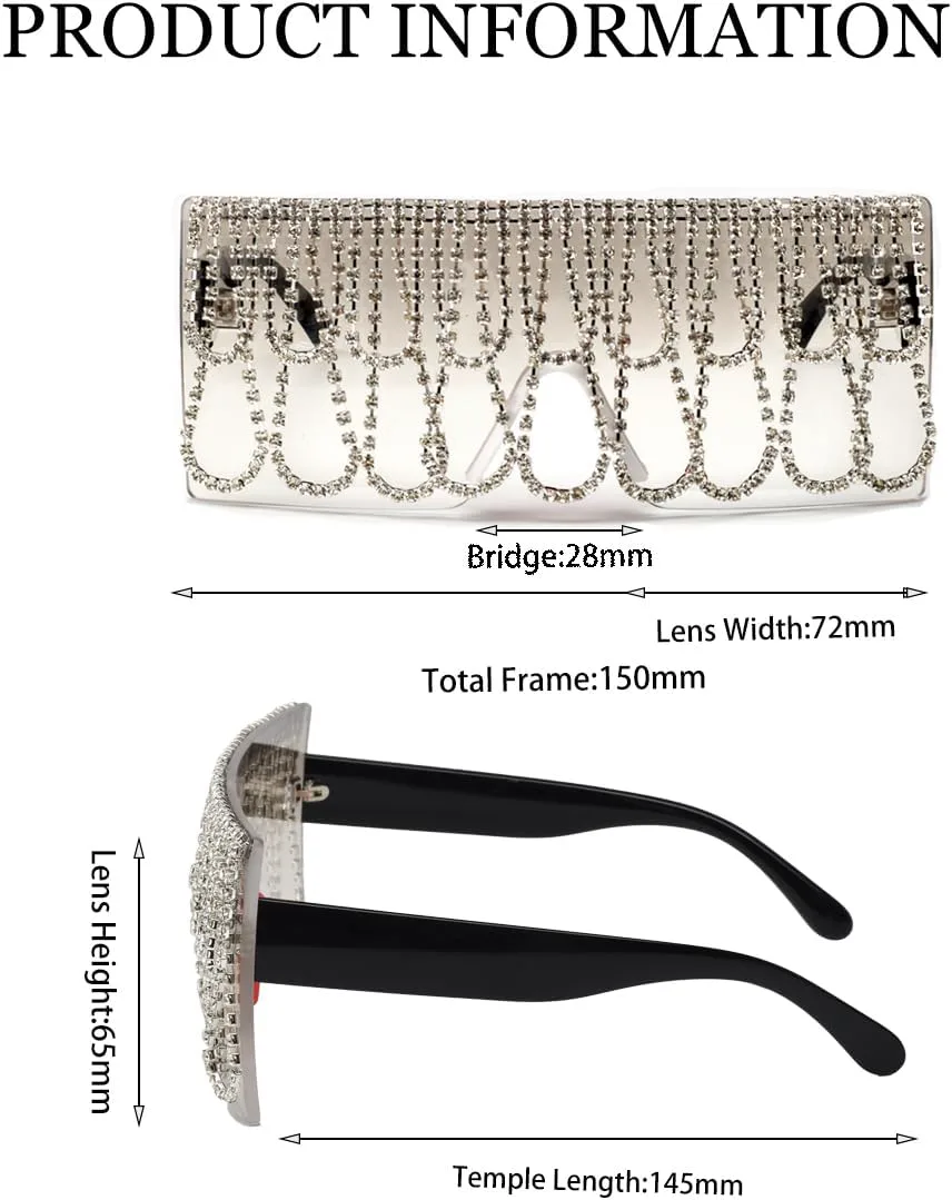 

Женские солнцезащитные очки ICARA Luxury Rhinestone Oversized Goggles Sunglasses One Piece Tassel Crystal Diamond Retro Punk Square Sun Glasses, Clear Grey