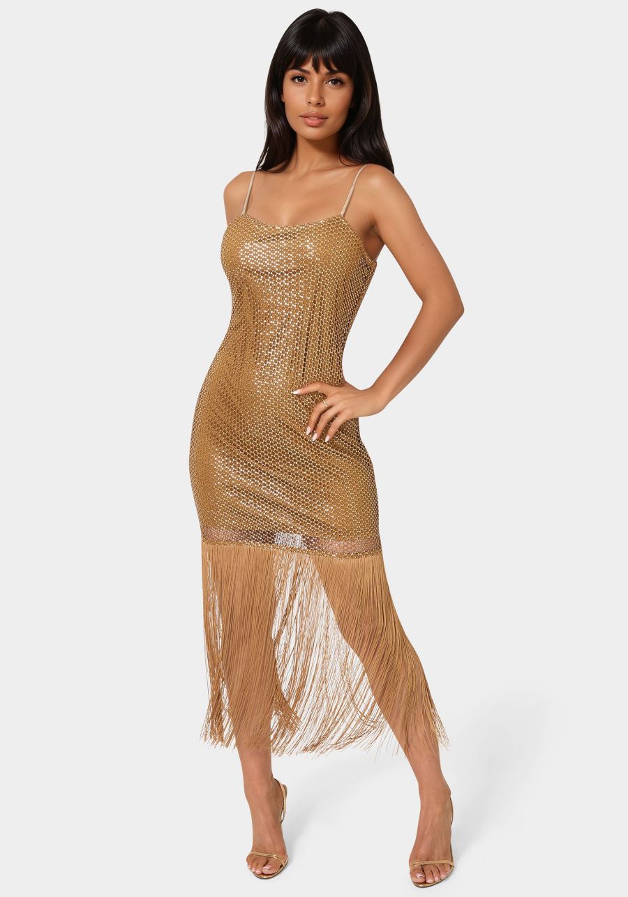 

Женское платье с бахромой, украшенное пайетками и вязаным крючком Bebe, Bronze