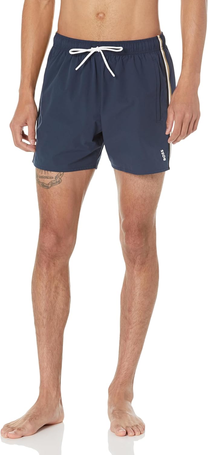 

Мужские однотонные плавки-шорты BOSS с культовыми полосками по бокам, Royal Sky Captain Blue