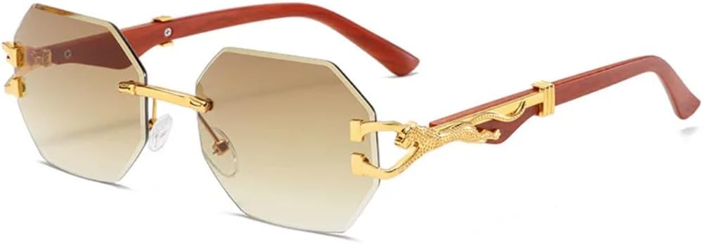 

Ретро-солнцезащитные очки без оправы с градиентным переходом цвета для женщин и мужчин с отделкой под дерево и леопардовым принтом, защита от УФ-излучения UV400 TYUVIVO, Tea