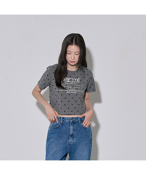 

5OML Футболка укороченная с коротким рукавом, принт в горошек, серая