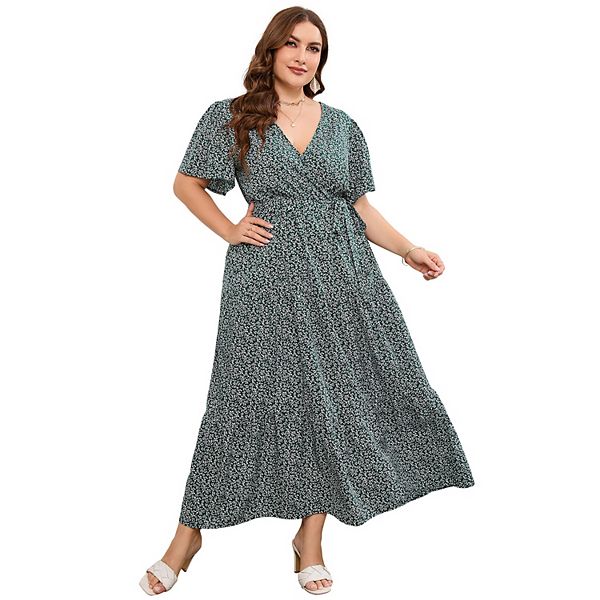 

Женское платье макси с запахом и V-образным вырезом, короткими рукавами и поясом Seoria, Green White Leaves