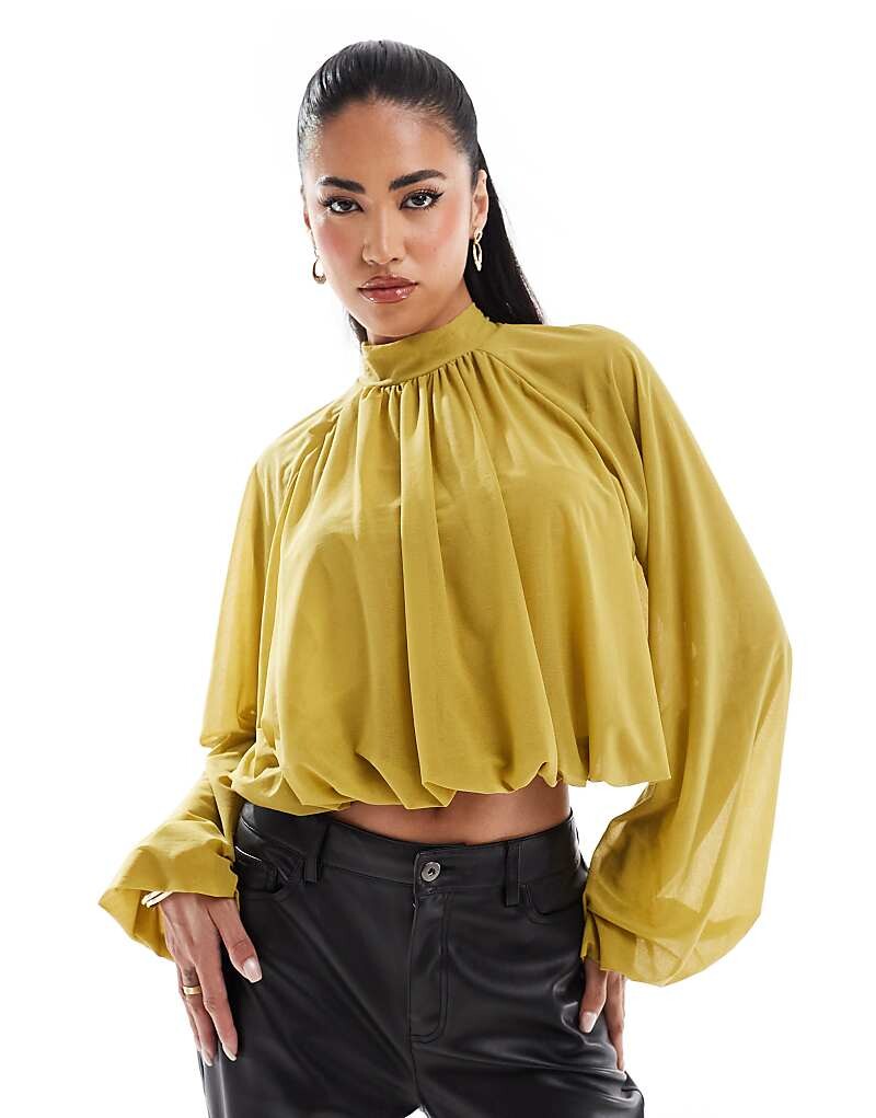 

ASOS DESIGN – Блузка с высоким воротником из зеленовато-зеленой сетчатой ​​ткани и объемными рукавами
