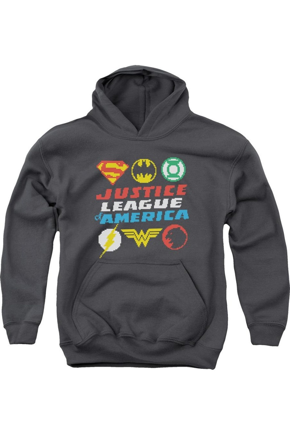

Толстовка с капюшоном для молодежи с пиксельными логотипами Justice League of America Gildan, Charcoal