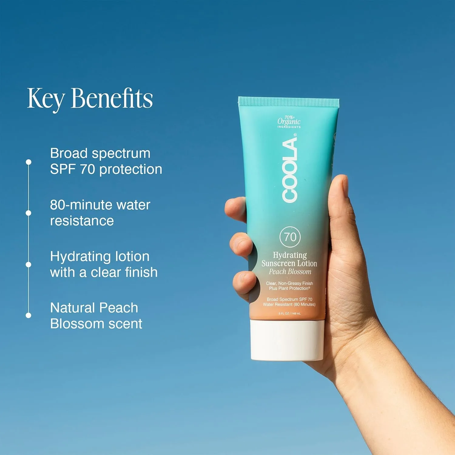 COOLA Organic Sunscreen SPF 70 солнцезащитный лосьон для тела, дерматологически протестирован, веганский и без глютена, Peach Blossom, 5 Fl Oz — фото 4