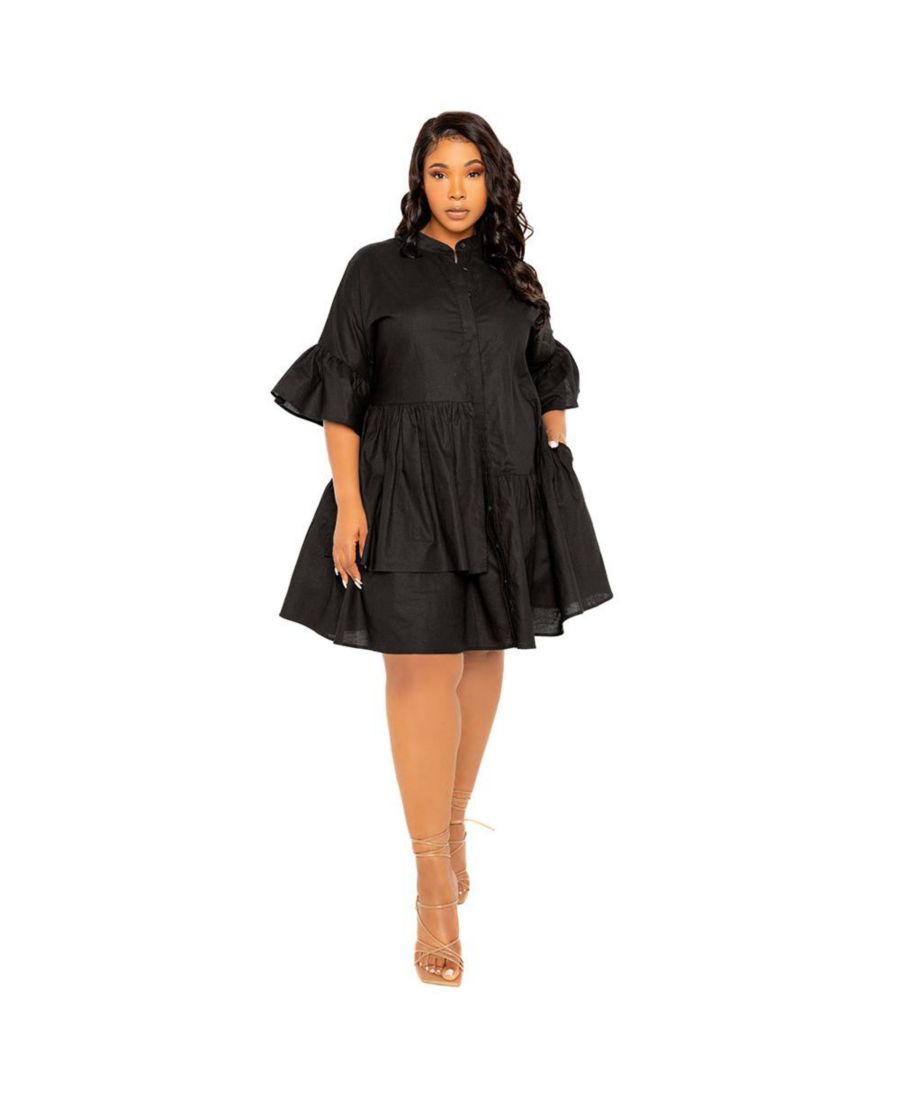 

Мини-платье из льна большого размера с оборками Buxom Couture, Black