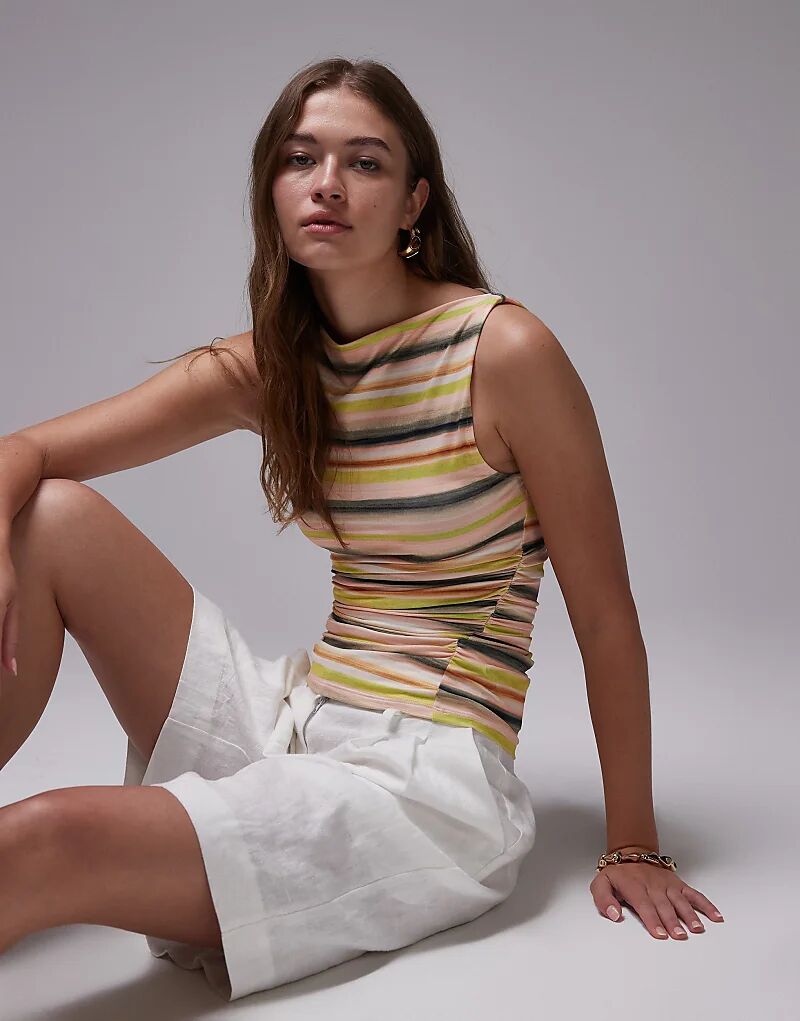 

Майка Topshop в облегающую полоску со сборками по бокам зеленого цвета