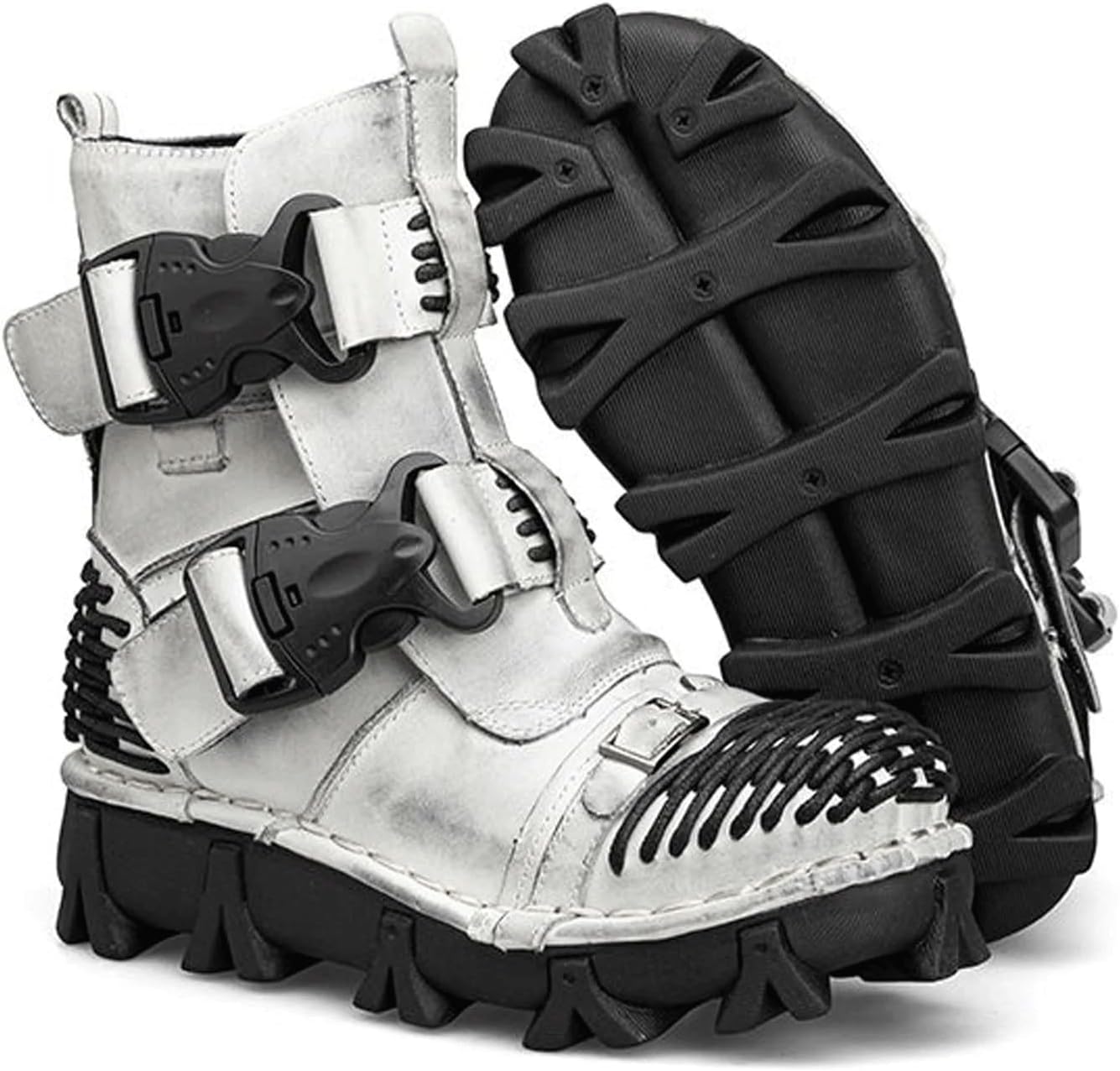 

Модные мужские кожаные байкерские ботинки, зимние панк-ботинки до щиколотки, сапоги средней высоты с пряжкой Raspio, белый