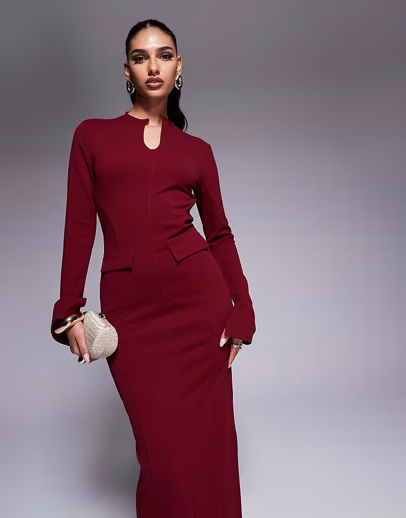 

Платье-миди ASOS DESIGN из водолазки с длинными рукавами и карманами бордового цвета