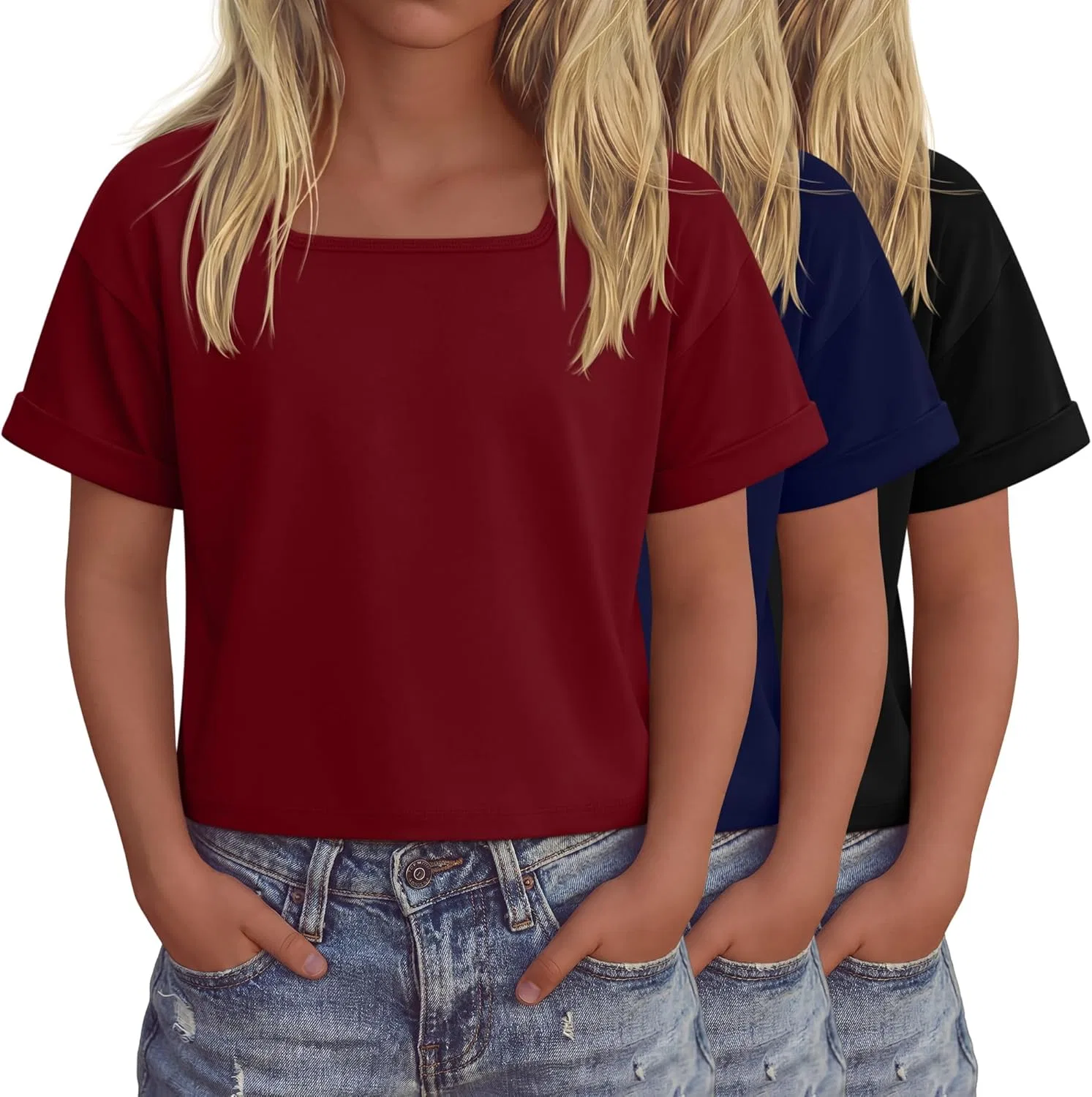 Детские топы-кропы оверсайз, набор 3 шт, LessonZoo, Wine Red, Navy Blue, Black