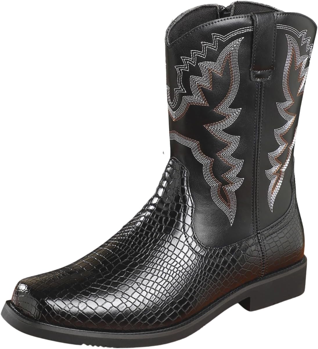 

Ковбойские сапоги для мужчин, западные сапоги с классической вышивкой, сапоги с квадратным носком, с принтом под змею, деревенские сапоги с массивным каблуком, ботильоны OtpyNik, Black