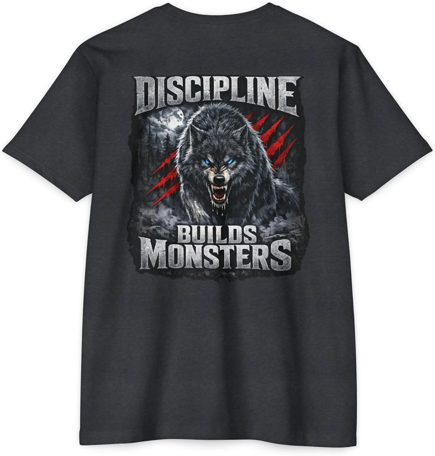 Футболка для тренировок Mental Toughness Gym Shirt с принтом "Дисциплина создает монстров" и волком в темных тонах GENERIC, Cvc Charcoal — фото 3