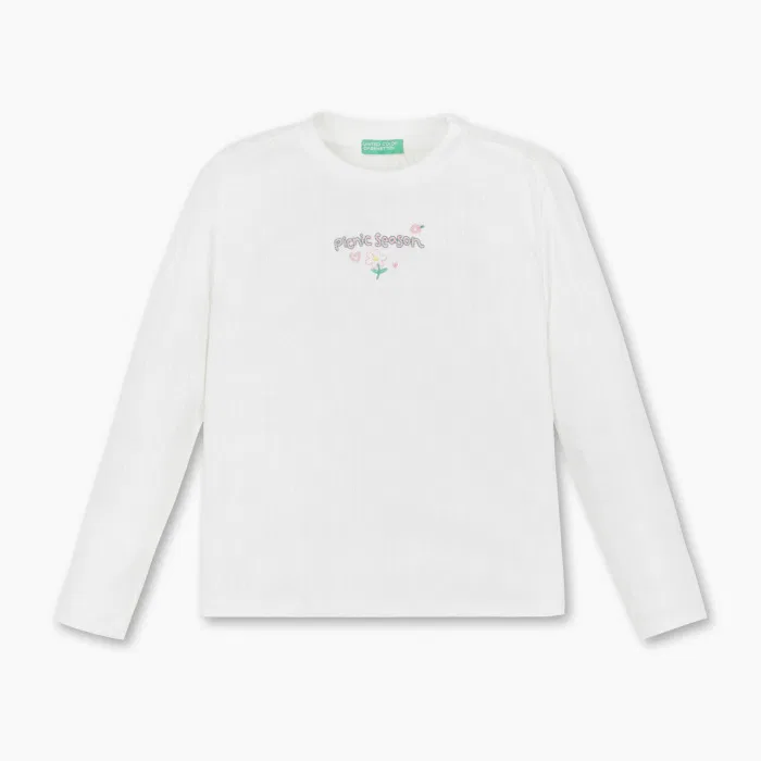 Детская футболка в рубчик с цветочным принтом айвори от Benetton Kids