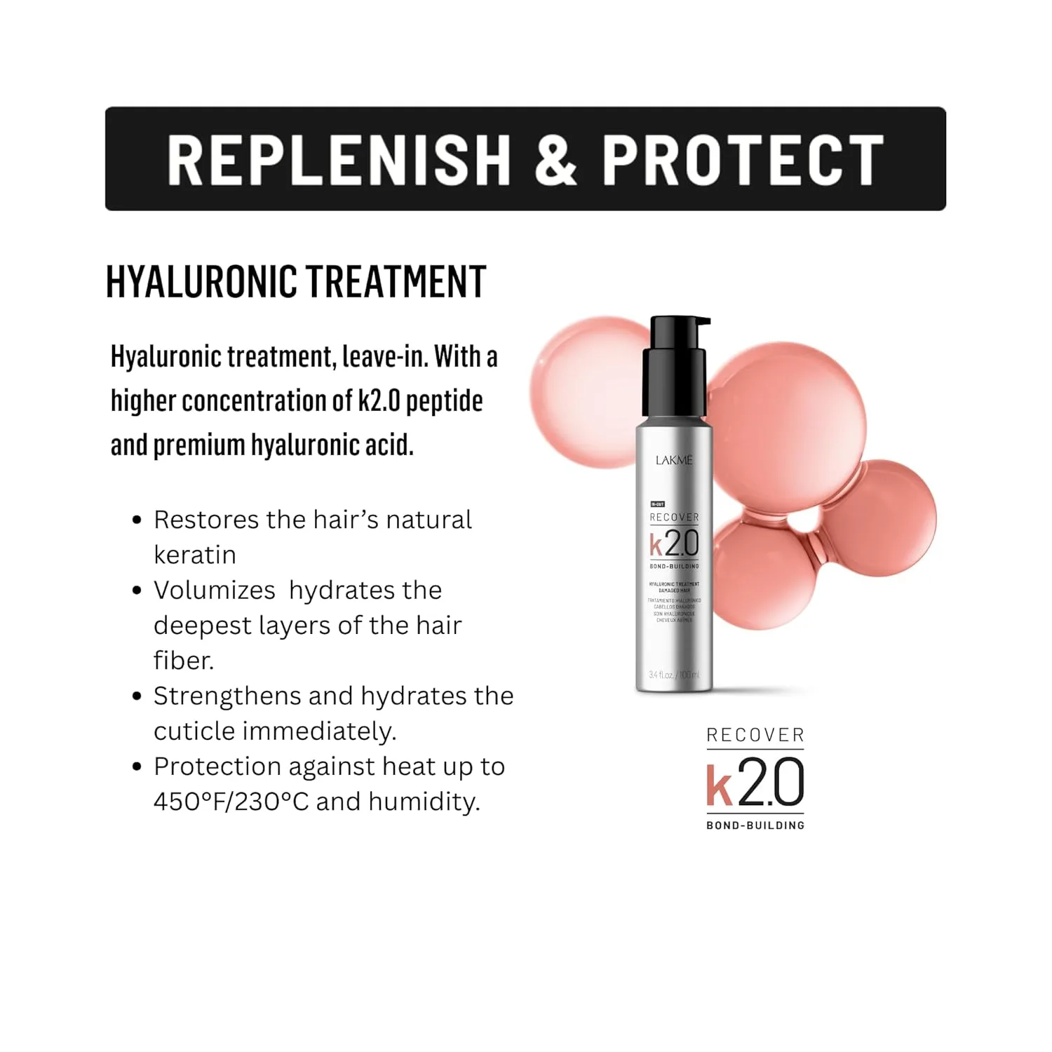 LAKMÉ K2.0 Recover Hyaluronic Hair Treatment, несмываемый увлажняющий крем для волос, укрепляет и защищает волокна, восстанавливает повреждения и кератин, 3,4 жидких унции — фото 4