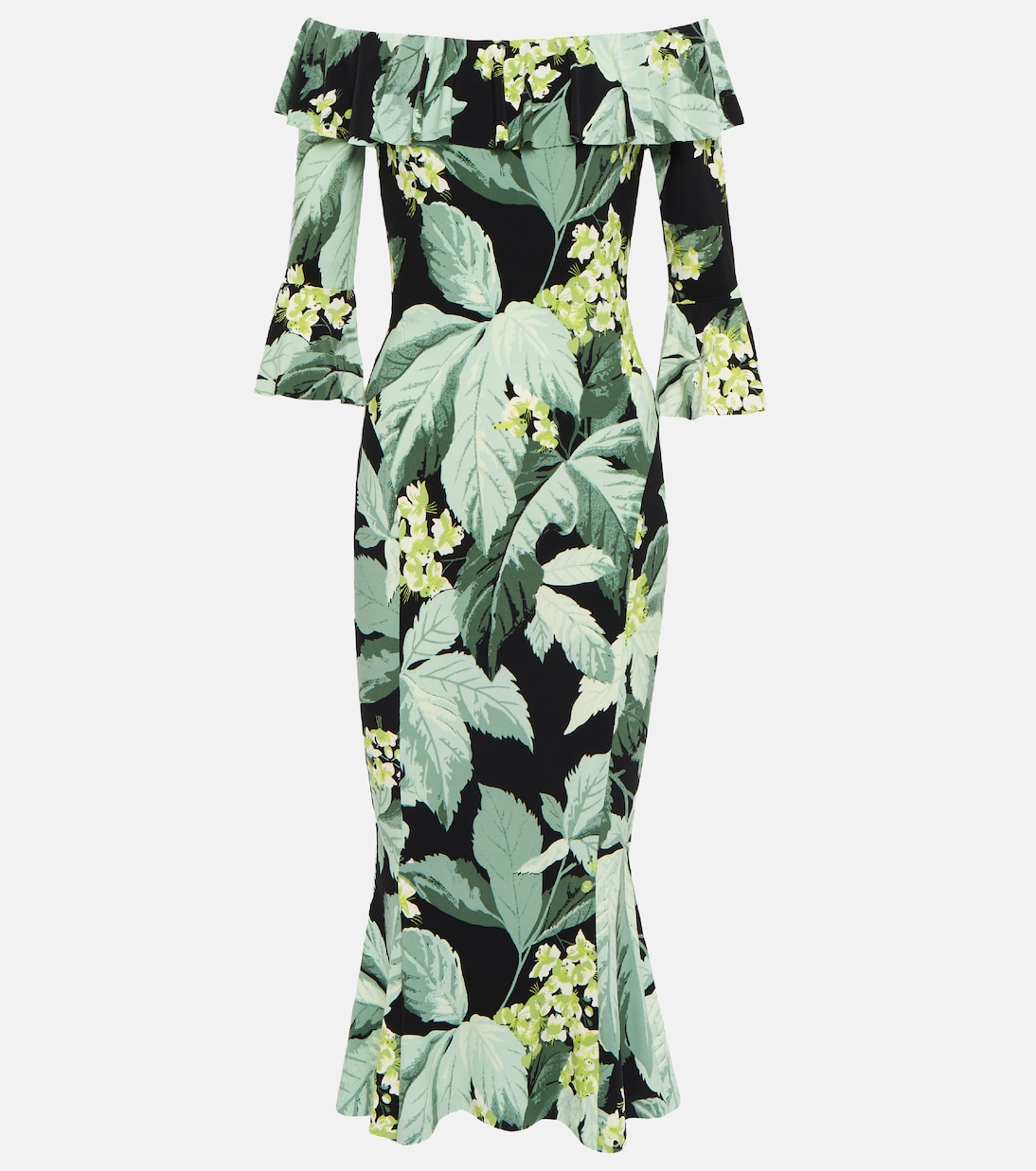 

Платье миди с принтом и открытыми плечами Norma Kamali, Tropical Mint