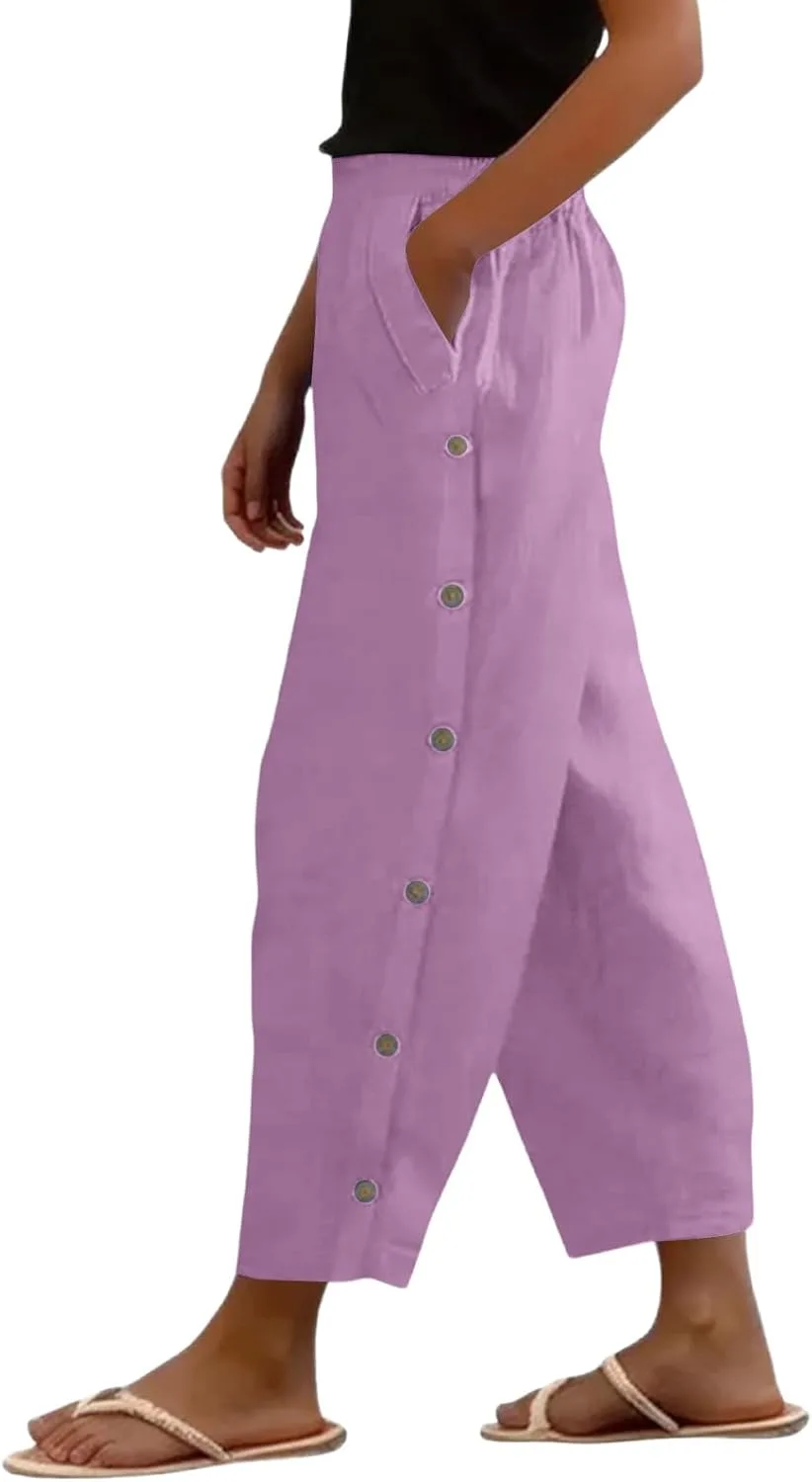 Льняные брюки женские, летние повседневные брюки, с высокой талией, удобные укороченные брюки прямого кроя, в стиле бохо, пляжные брюки на пуговицах с карманами generic, фиолетовый — фото 4