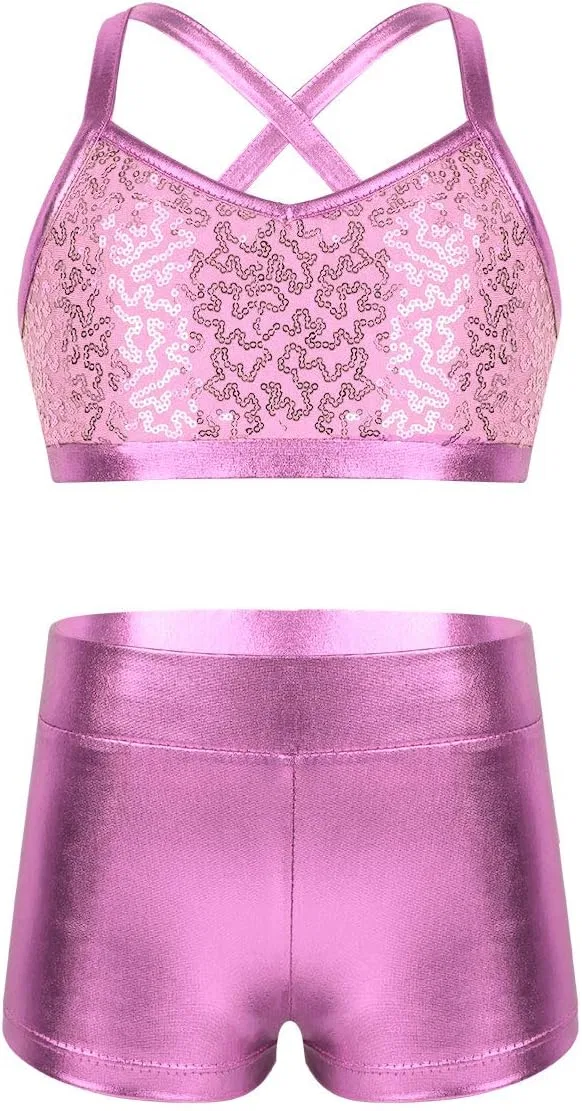 Спортивный костюм для девочек с пайетками vastwit, топ и шорты, Pink Sequined