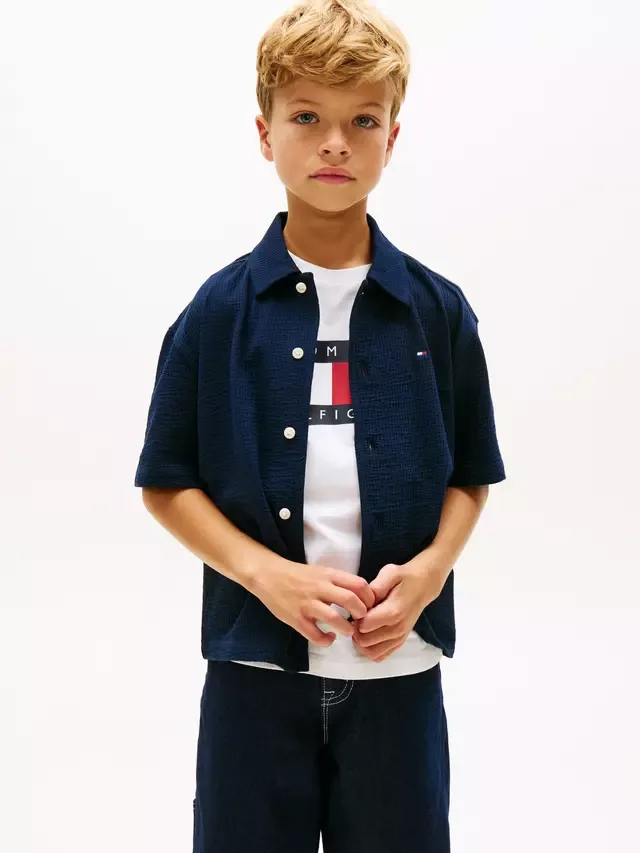 Детская футболка с коротким рукавом из трикотажа сирсакер, темно-синяя Tommy Hilfiger