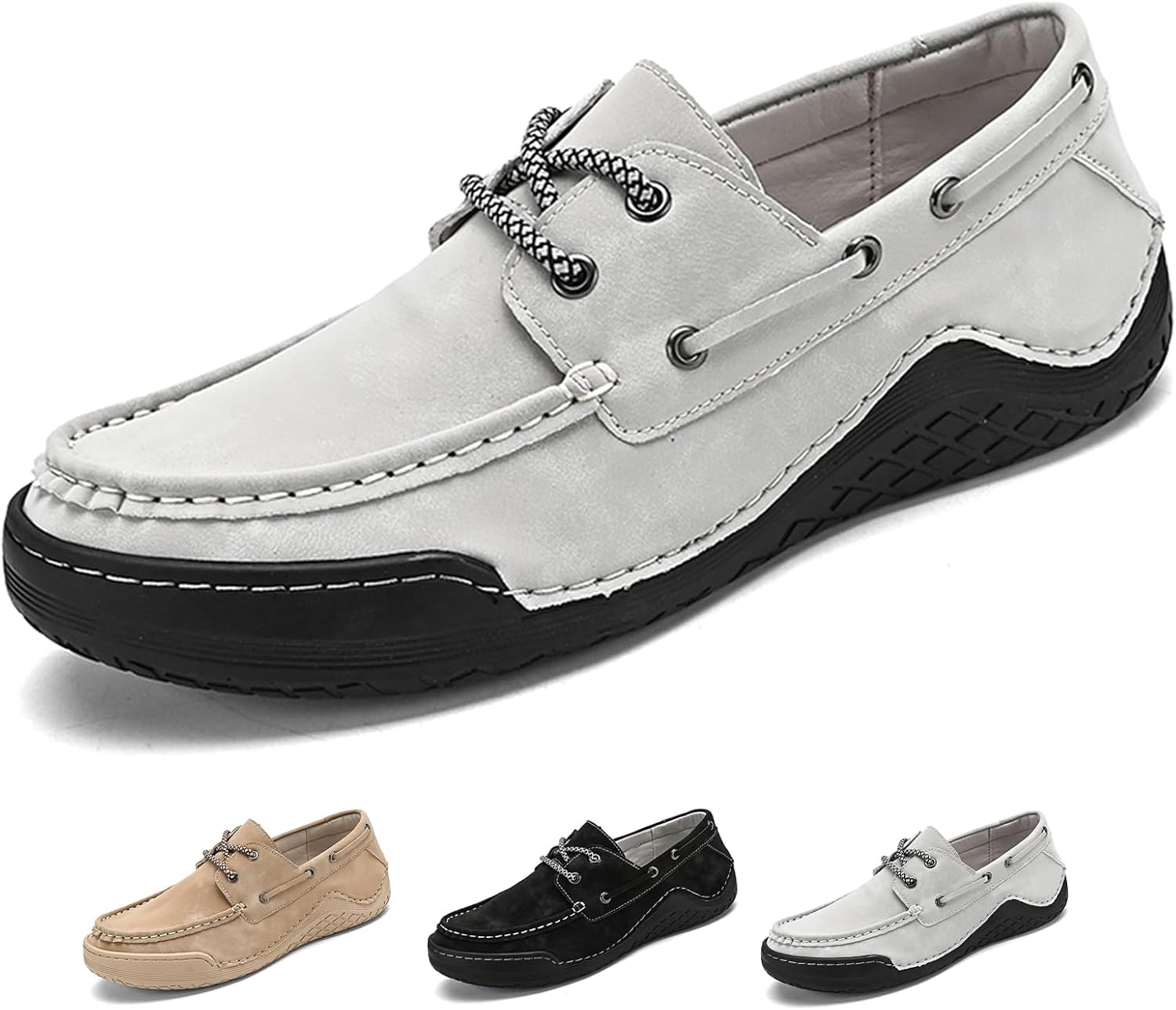 

Мужские кожаные лодочные туфли Lossarye с 2 отверстиями, носок-мокасин, повседневные шнуровки, удобные лоферы на шнурках, легкие лодочные туфли для прогулок, серый