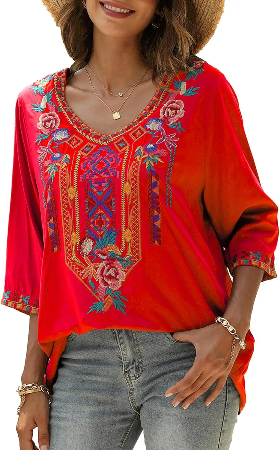Блуза с цветочной вышивкой, Peasant Top, красный