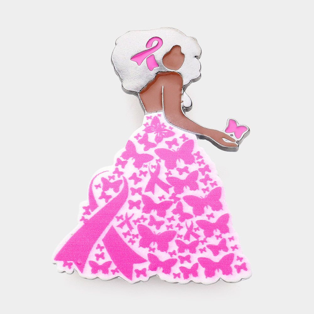 

Брошь-булавка в виде афро-девушки с розовой лентой и эмалированным металлом в виде заостренной бабочки Fashnzfab, Hematite, Pink