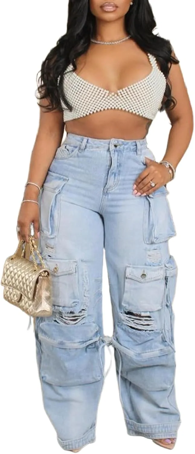 

Женские джинсы-карго с высокой талией и широкими штанинами