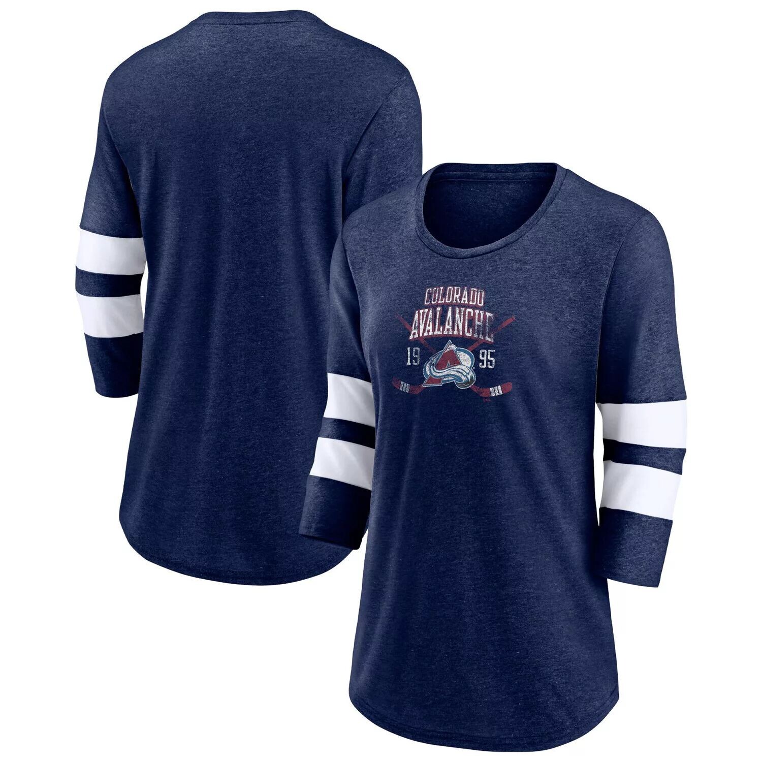 

Женская футболка Fanatics с фирменным логотипом Heather Navy Colorado Avalanche Line Shift Tri-Blend с рукавами три четверти Fanatics