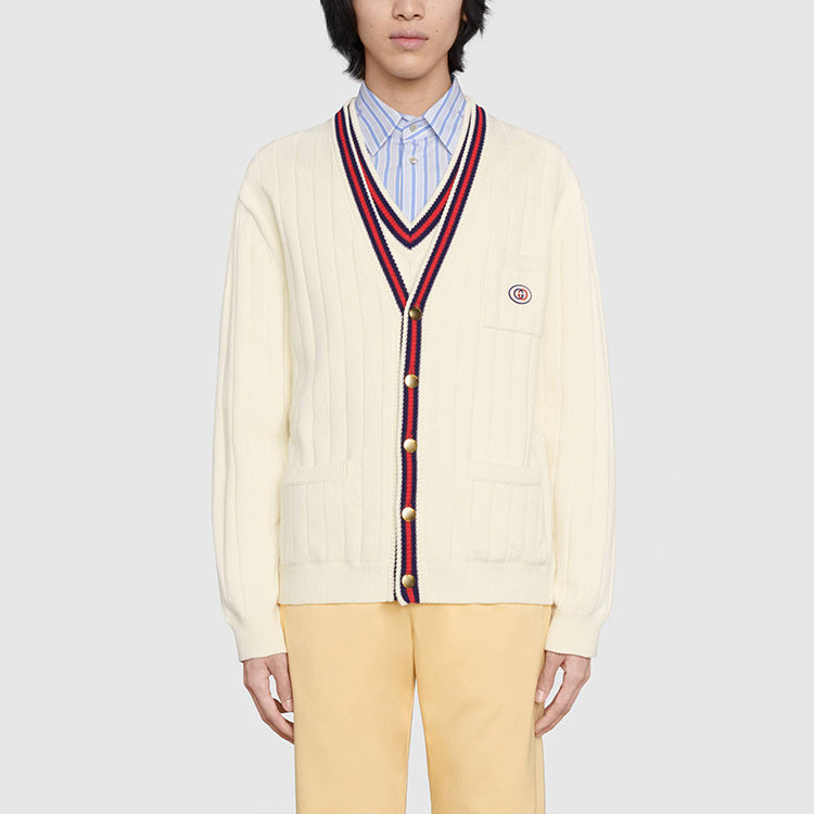 Кардиган Gucci Knit Cotton V-Neck Cardigan With Web 'Ivory' 654984-XKBUR-9182, белый — фото 2