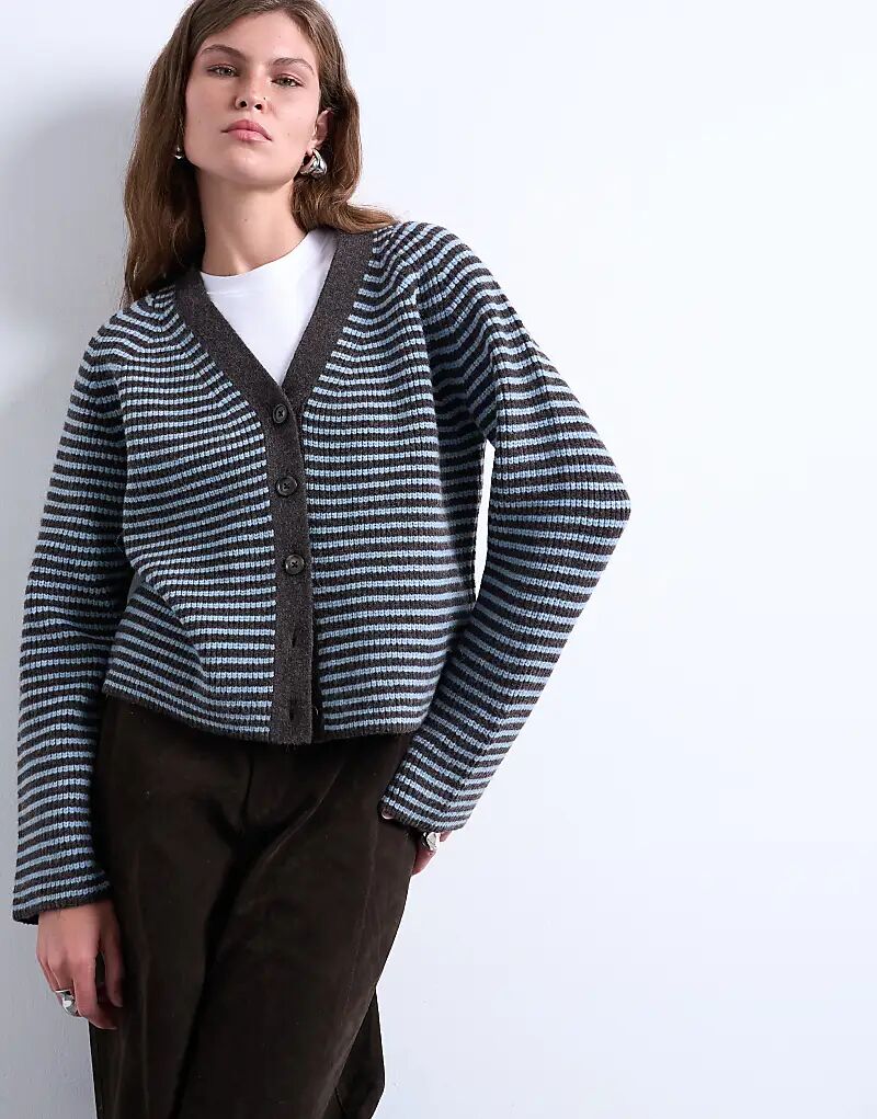 

Вязаный кардиган Topshop в полоску синего цвета